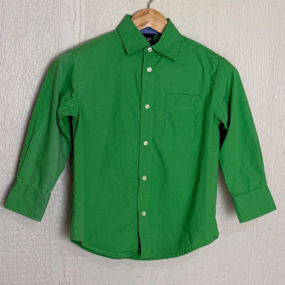 Gap Kids Boys Green Long Sleeve Button Down Shirt Size S 6-7 100% Cotton Poplin